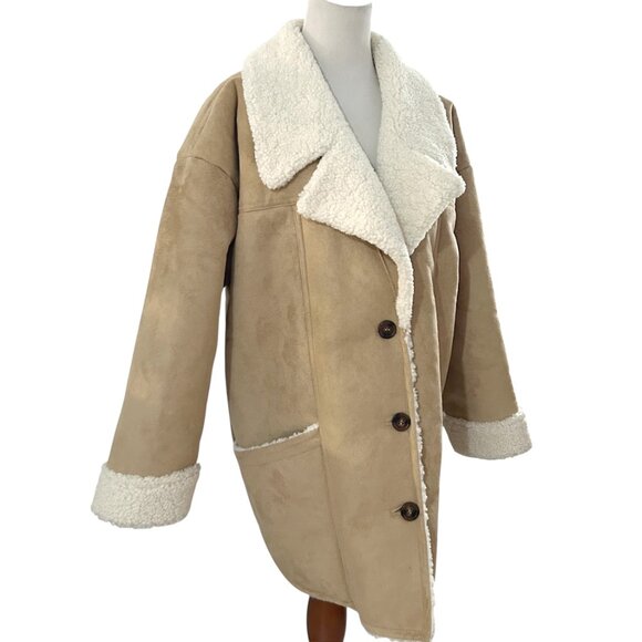 Free People Women's Size M Beige Diogo Sherpa Faux Fur Coat Jacket Ivory Combo - Picture 3 of 11